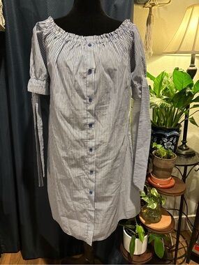 Short Shasa Blue and White Striped Off-Shoulder Button Dress